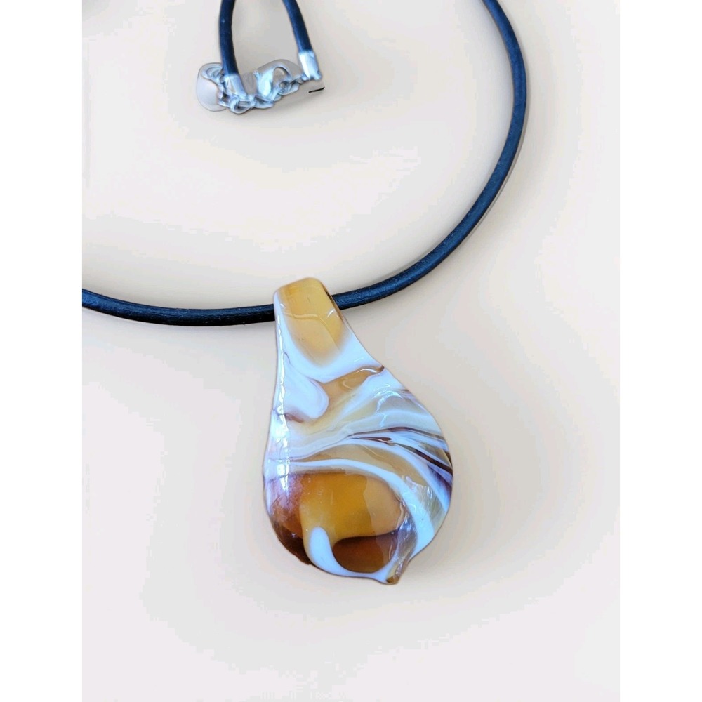 Artisan Hand Blown Glass Teardrop Pendant Swirl Cord Necklace